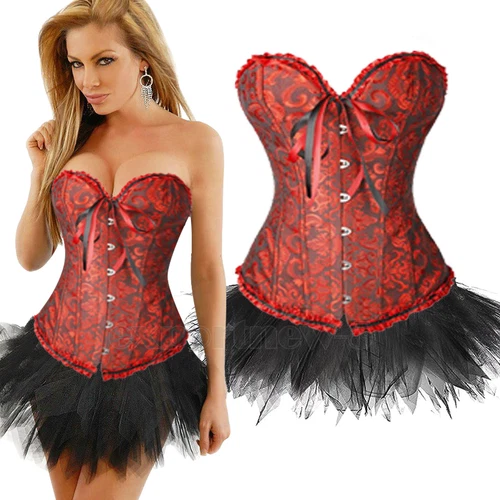 Ladies Lace Strapless Up Burlesque Corset Fancy Dress Costume Overbust Top&Tutu - Picture 14 of 31