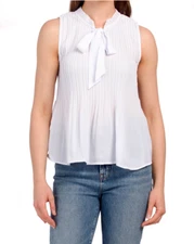 Sunny Leigh Womens XL White Chiffon Pleated Tie Neck Sleeveless Blouse Top NWT