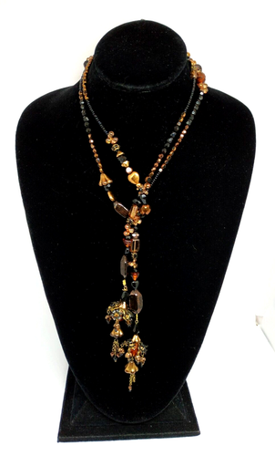 Lovely Long Necklace By Michal Negrin With Shades Of Brown And Black Crystals. - Picture 2 of 17