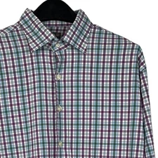 Peter Millar SUMMER COMFORT Mens L Wicking Stretch Button Up Purple Green Plaid