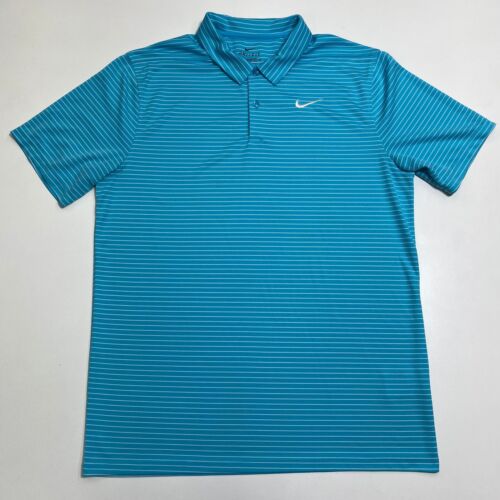 Nike Dri-Fit Golf Polo Shirt Mens M Blue Stripe Short Sleeve Standard Fit Logo