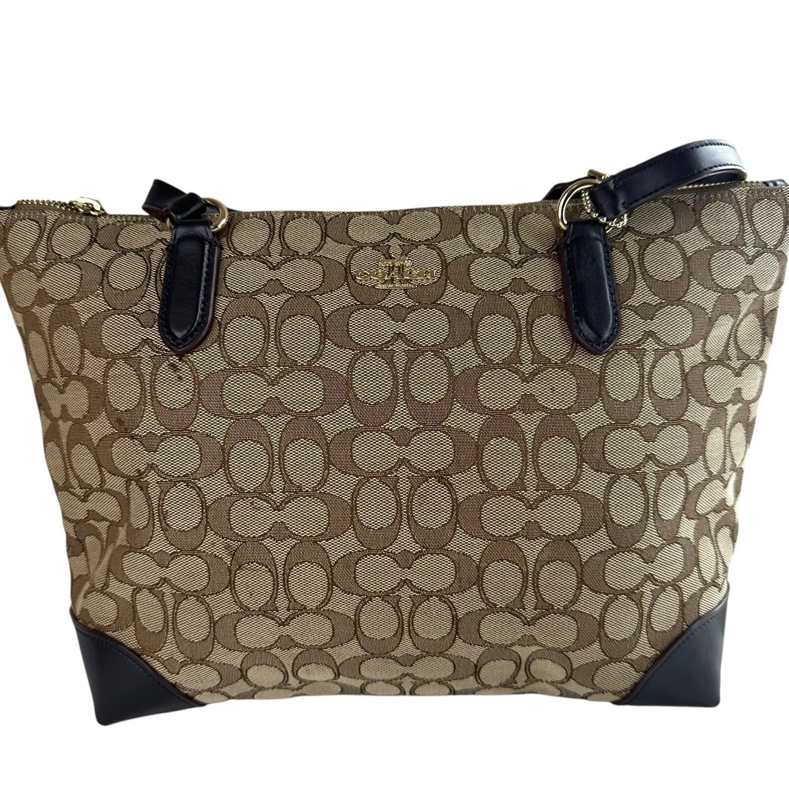 Borsa a tracolla Coach Signature City Tote con cerniera tela jacquard pelle marrone