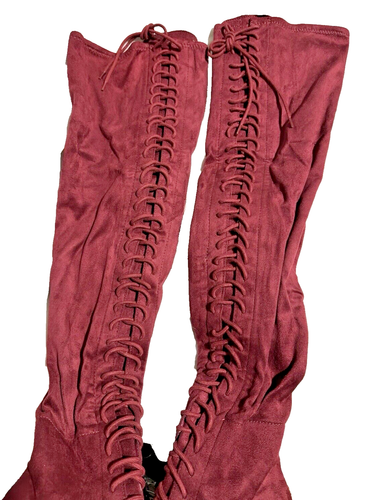 ShoeDazzle Remi WC Boots Size 7.5 High Heel Thigh High Cordovan Red Faux Suede - Picture 6 of 10
