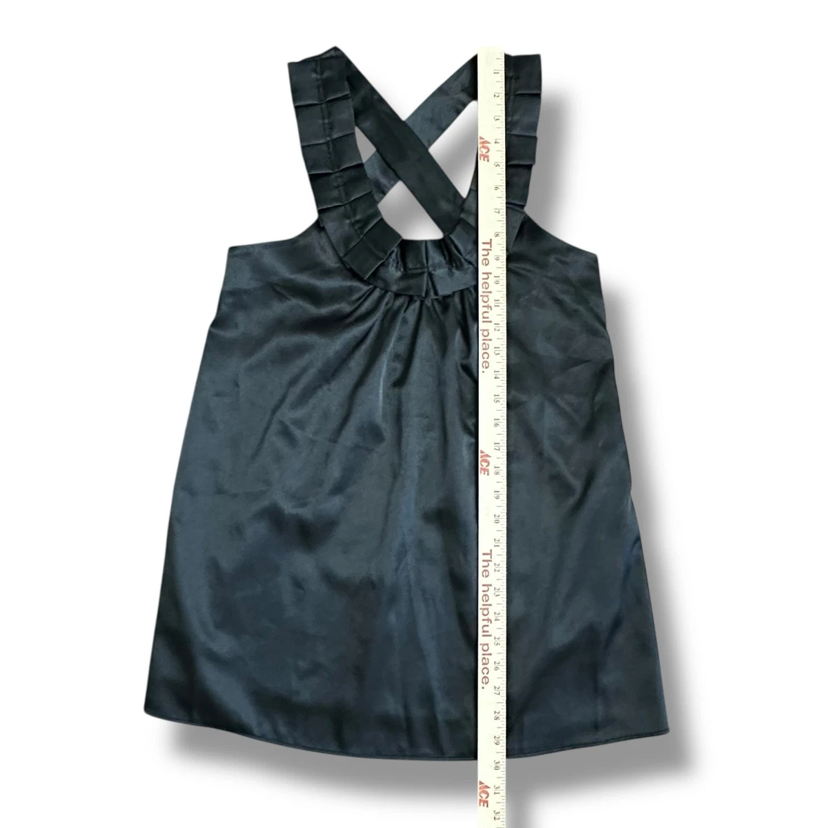 Vintage Zinc Y2K Black Pleated Cross Back Satin Look Halter Top Size Large