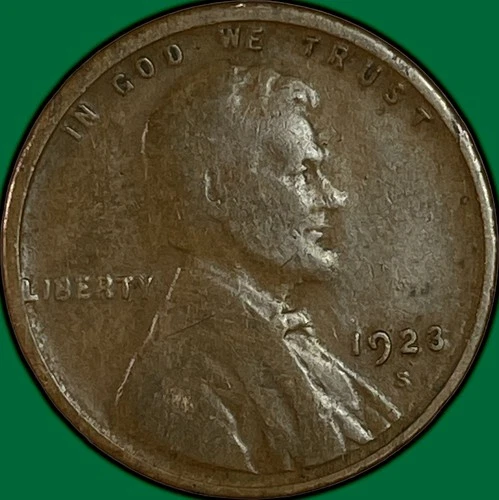 1923-S Lincoln Wheat Cent Very Good VG Coin, Cleaning #34322