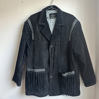 Vintage High Noon Suede Leather Black Fringe Western Cowboy Jacket Men's XL