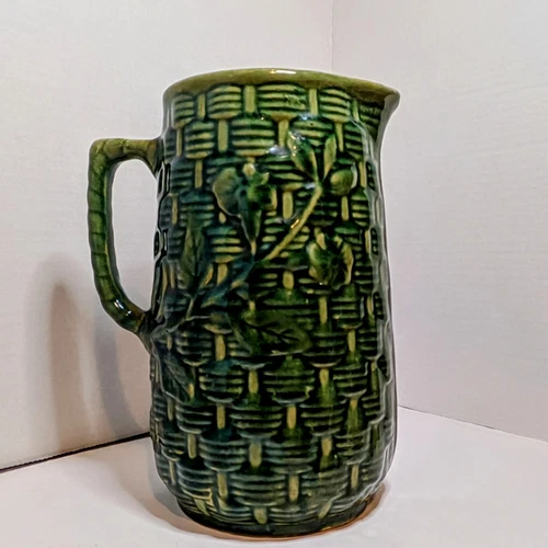 1910 Tankard Pitcher Brush McCoy Pottery Willow / Basketweave / Morning Glory EX