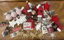 Large Lot Primitive Rustic Farmhouse Christmas Ornaments Ribbon Wood Plaid Wood