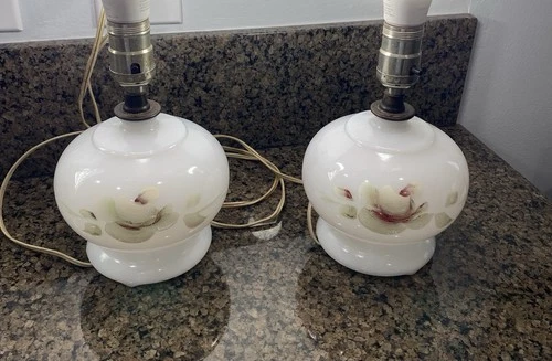 Pair Vintage White Milk Glass Boudoir Lamps Hand Painted Floral 9” No Shades
