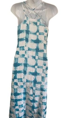 Armani Exchange Maxi Dress XS Short Turquoise Brushstroke Grid Boho Beach - Picture 4 of 6