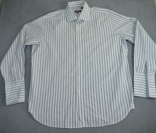 Paul Stuart Shirt Mens 17.5 - 36 White/Black Striped Long Sleeve French Cuff USA