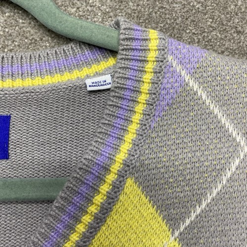 Jack Jones Knitted Sweater Vest Mens 42in Chest Grey Purple Argyle Diamond Golf - Picture 5 of 12
