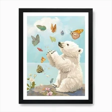 Polar Bear Cub Playing With Butterf Framed Wall Art Poster Canvas Print Picture