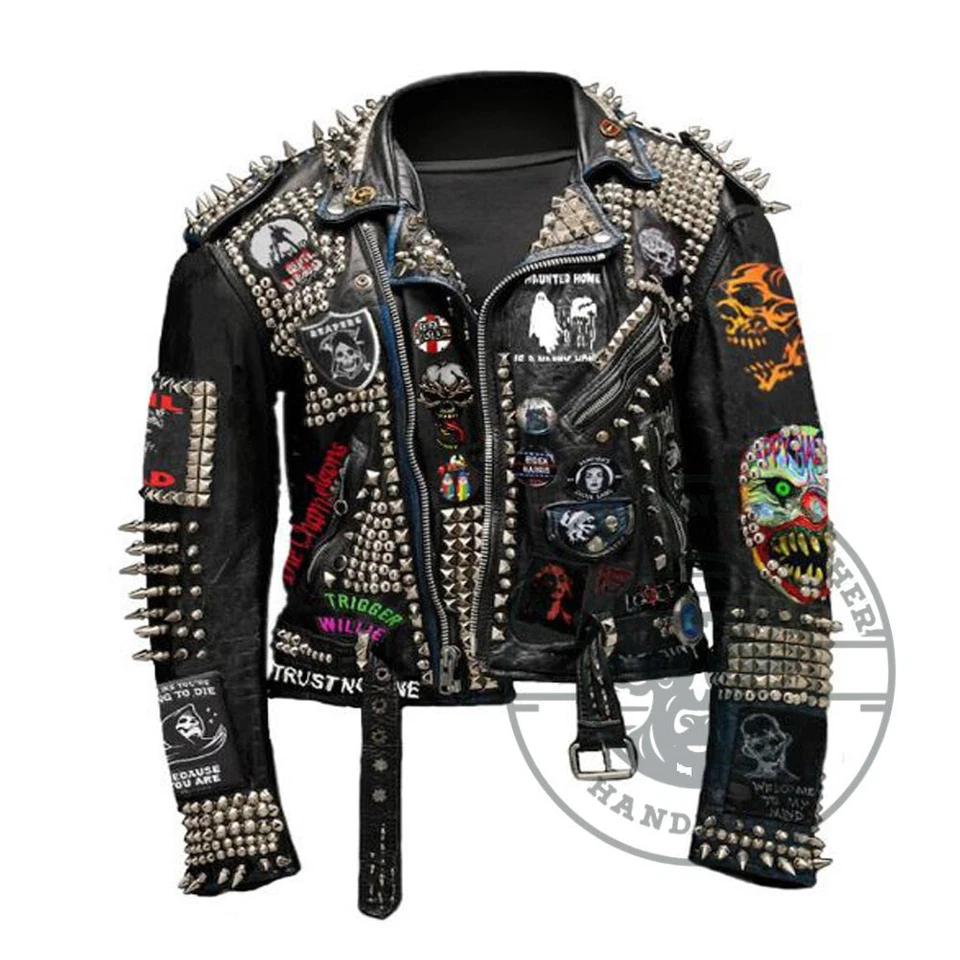 Chaqueta de cuero estilo parches con tachuelas punk pintada a mano hecha a mano y pintada a mano para hombre Foto 2 de 4