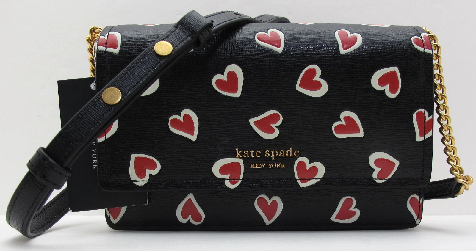Stencil a tracolla Kate Spade pelle MORGAN tracolla patta stampa cuore nero nuovo con etichette