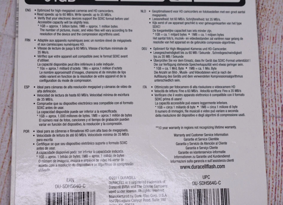 Duracell Pro Photo 64GB SD Card XC Class (10 NEW SEALED *PACKAGE WEAR - Image 4 of 4