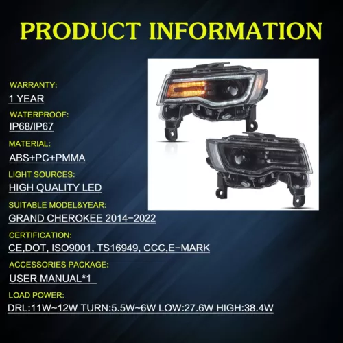 VLAND Paar LED Scheinwerfer für Jeep Grand Cherokee 2014–2022 Blue DRL Start-up - Bild 7 von 18