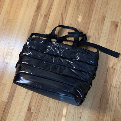 DKNY Nora Glossy Black Puffer Weekender Duffel Tote Large Bag NWT