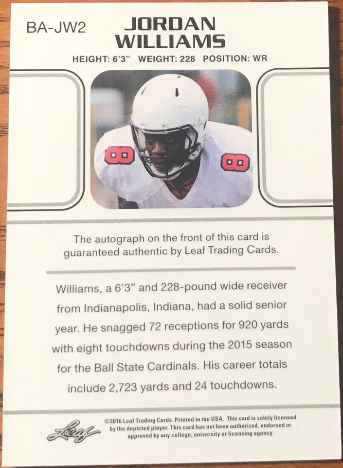 2016 Leaf Ultimate Draft Autograph Gold Jordan Williams #BA-JM2 #’d 34/50 - Image 2 of 2