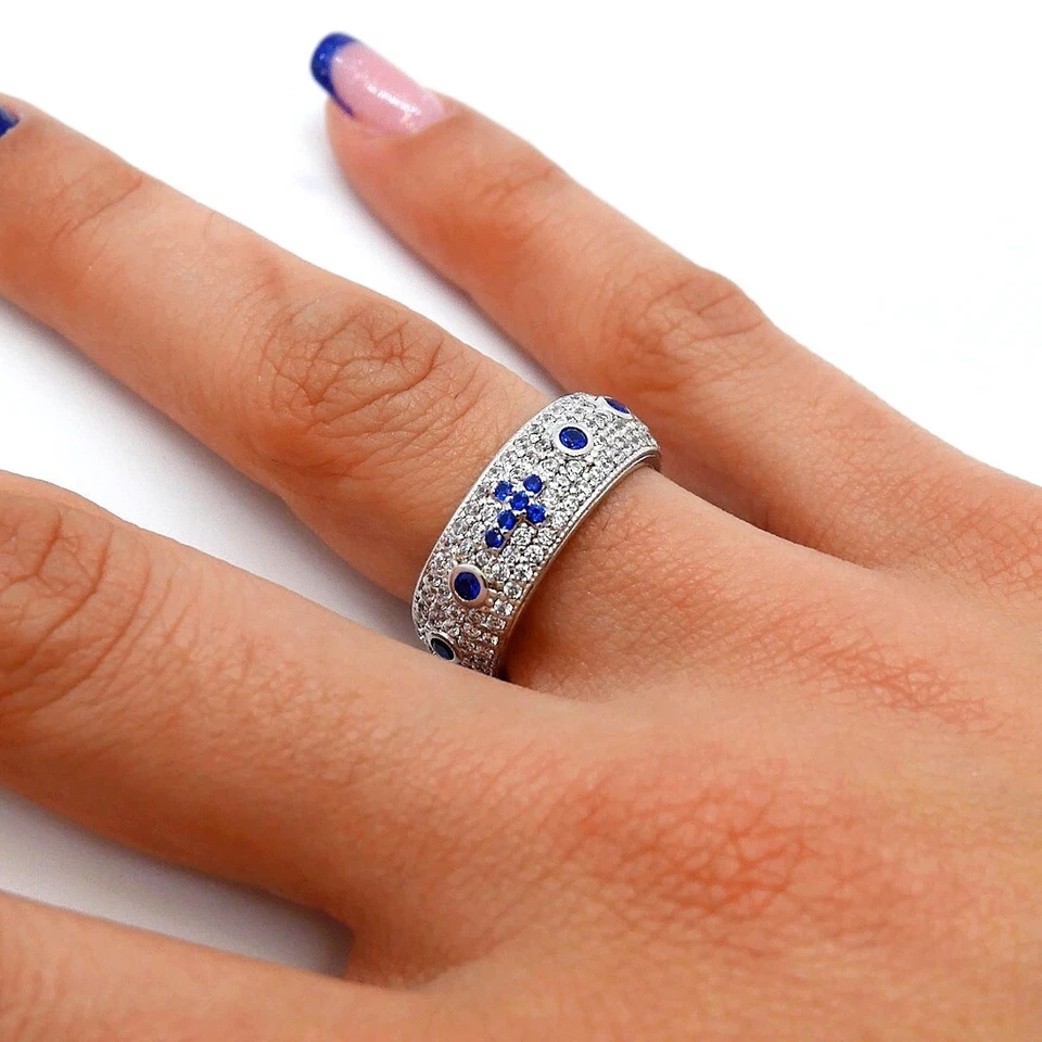 ANELLO ROSARIO A 5 LINEE CON ZIRCONI BIANCHI E BLU IN ARGENTO 925 RODIATO 18KT - Immagine 2 di 2