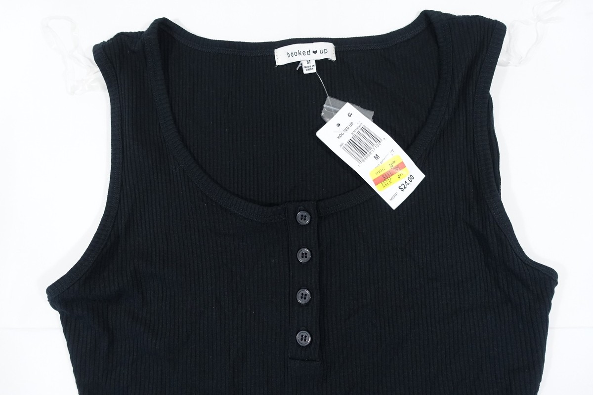 HOOKED UP BLACK RIBBED LARGE STRETCH SPRING HENLEY BODYSUIT TANK