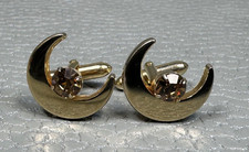 Vintage Crescent Moon Amber Colored Stone Yellow Gold Plated Cuff Links