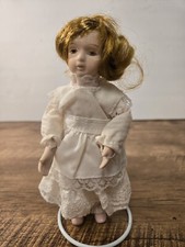 Vintage Doll Porcelain Head Arms Legs Soft Foam Body with Stand Painted Face 6"