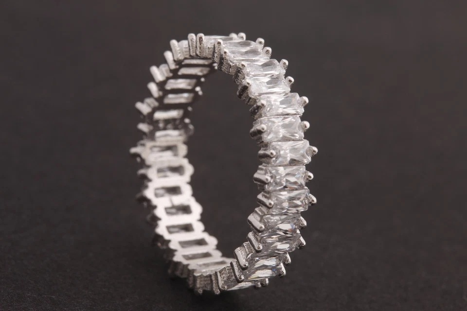 Jewelry Baguette Topaz Rhodium 925 Sterling Silver Band Ring Size 4.5 and 6.5 - Image 3 of 4