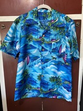 Vintage Aloha Hawaiian Shirt Hawaii Blue Men s M Boats Canoe Trees