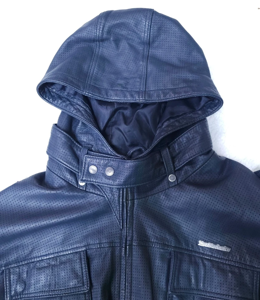 LIVE MECHANICS WELL ESTABLISHED Grey-Blue Leather Jacket with Hood Size XXXXL - Image 4 of 4