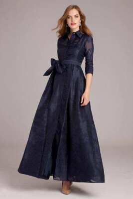 TERI JON Navy Blue Formal Shirtwaist Gown Organza Jacquard Modest Sleeves  SIZE 6 | eBay