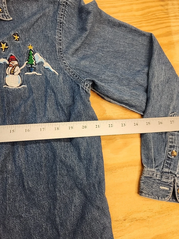 Vintage Blue Denim Embroidered Holiday Snowman Long Sleeve Shirt Womens Large - Image 3 of 4