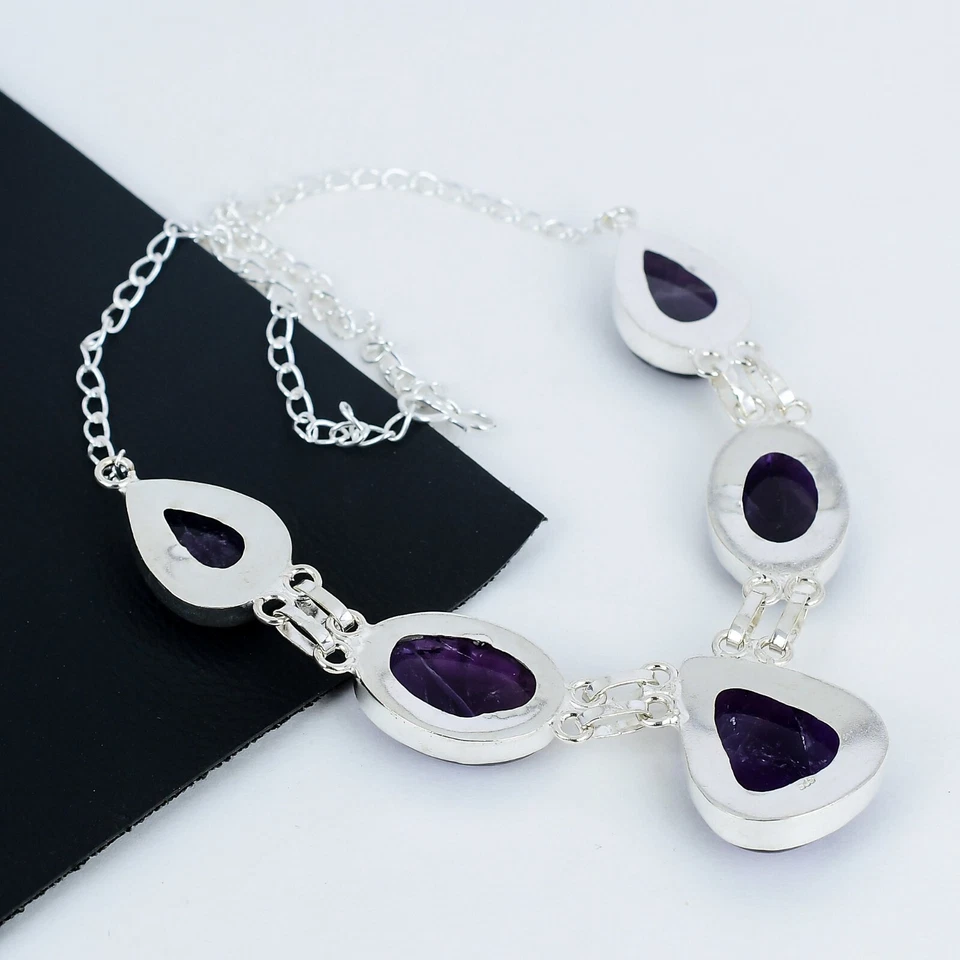 Naturale Ametista Gemma a Mano 925 Argento Sterling Collana Per Regalo di Nozze - Immagine 4 di 4