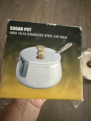 Vintage Inox Germany 18/8 24k Gold Plate Hinge Lid Sugar Bowl Stainless & Spoon