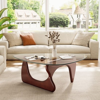 Mid-Century Modern Glass Coffee Table Triangle Table Wood Base Noguchi Style