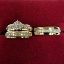 14K Yellow Gold Over His & Hers Diamond Trio Set Bridal Engagement Wedding Ring