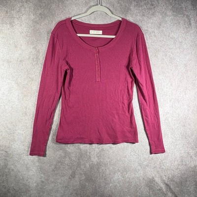 Lucky Brand Henley Women Medium Pink Long Sleeve Ribbed Knit Top Casual Cotton