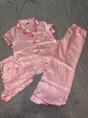 Girls Pink Satin Heart Print 3pc Pajama Set  Button-Front Elastic Waist size 7