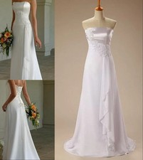 White Strapless Satin Wedding Dresses Lace Applique Chiffon Lace Up Bridal Gown