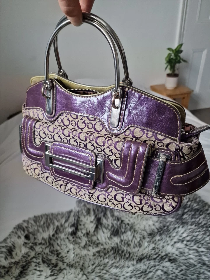 Rare Purple Beige Guess hand bag monogram y2k vtg buckle shoulder strap💜vintage - Image 3 of 4