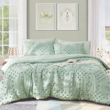Sage Green Full Comforter Set for Girls- 7 Pieces Pom Tufted Bed in A Bag Twi...