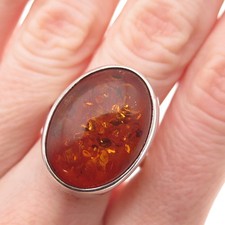 925 Sterling Silver Vintage Real Cabochon Amber Modernist Ring Size 8.5