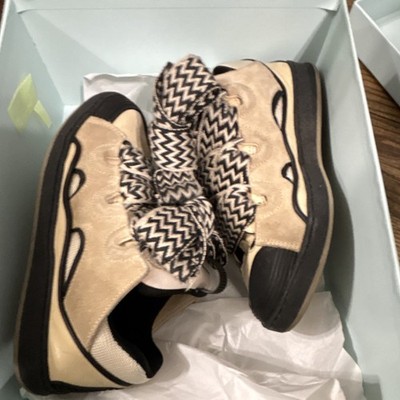 Lanvin N30153 Beige Black Chevron Zigzag Lace Up Athletic Sneakers Men's