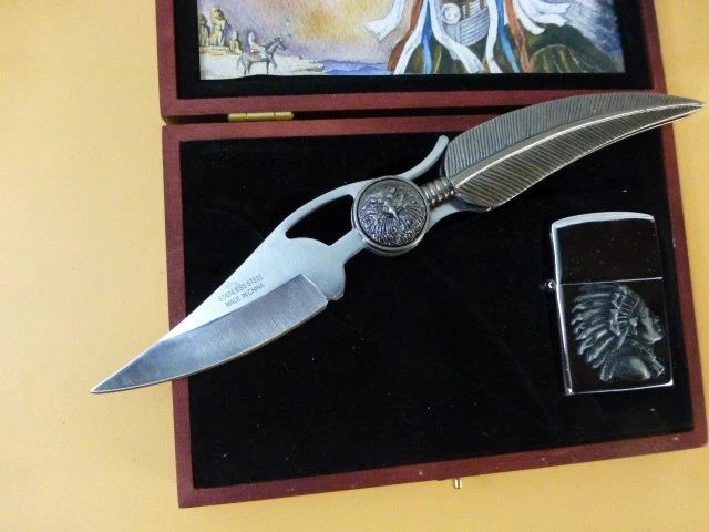 Juego de cuchillos y encendedores de plumas de acero inoxidable nativos americanos en caja de madera (NUEVO) Foto 3 de 4