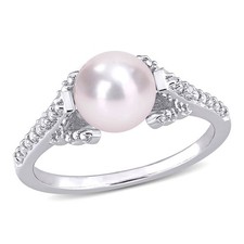 AMOUR 7-7.5mm Freshwater Cultured Pearl and Diamond Accent Vintage Ring In