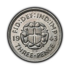 GREAT BRITAIN. 1943, 3 Pence, Silver - KGVI, Better Date, St. George, Tudor Rose