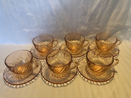 ARCOROC Set of 6 Pink Rosaline Swirl TEACUPS AND SAUCERS Made in France