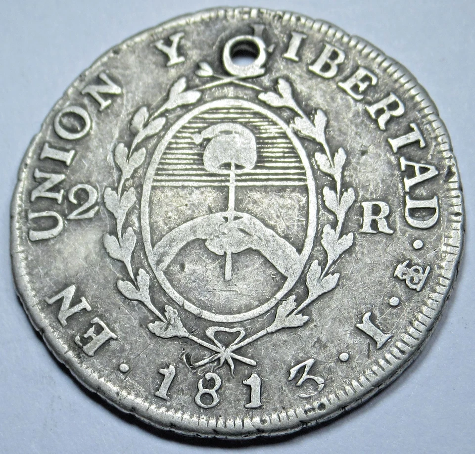 Moneda Sol Antigua Genuina 2 Reales Plata Potosí Argentina Agujera 1813 Años 1800 Foto 2 de 2