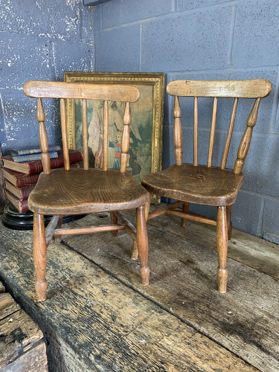 Antique Wooden PAIR Child s Chair Windsor Chairs Spindle Back 19th