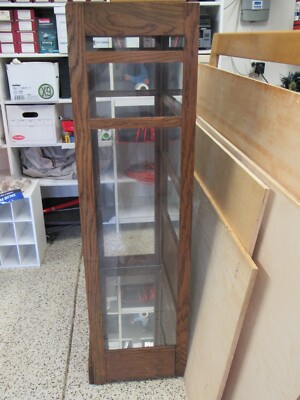 VINTAGE WOOD FRAMED GLASS DISPLAY CASE w/3 TEMPERED GLASS SHELVES